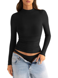 EasyGala Womens Mock Neck Long Sleeve Shirts Ruched Double Lined Top Fit Tight Turtleneck Tee Fall Clothes 2024 Black