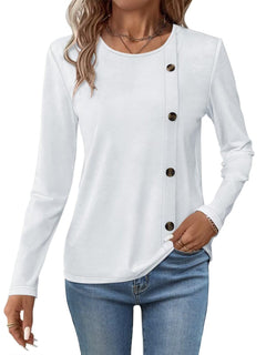 Minetom Womens Long Sleeve Shirts Round Neck Button Side Blouses Tops Fall Clothes White