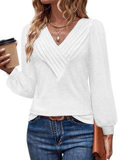 LYHIPSS Womens Long Sleeve Shirts Dressy V Neck Business Casual Blouses Fall Clothes White